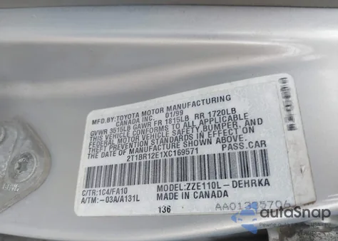 1999 Toyota Corolla Ve z USA, uszkodzony, nr VIN 2T1BR12E1XC169571